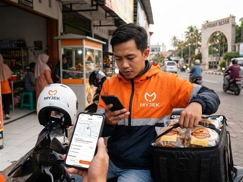 Rider MyJek memeriksa pesanan di ponsel sebelum berangkat