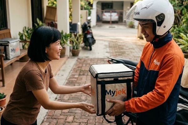 Rider MyJek menyerahkan pesanan dengan ramah kepada pelanggan