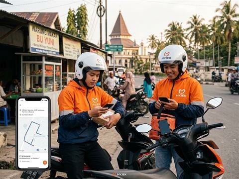 Dua rider MyJek memeriksa rute pesanan di depan warung makan