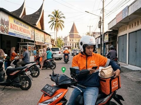 Rider MyJek bersiap mengantar pesanan di jalan kota