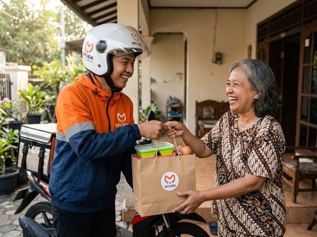 Pelanggan tersenyum menerima pesanan dari rider MyJek